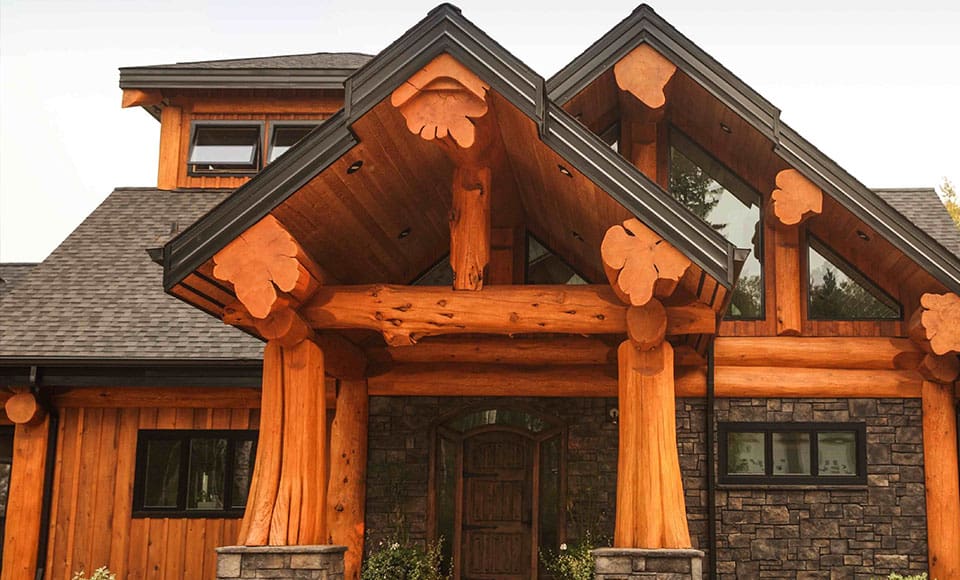 Entry way of post and beam log home, BC home builder.