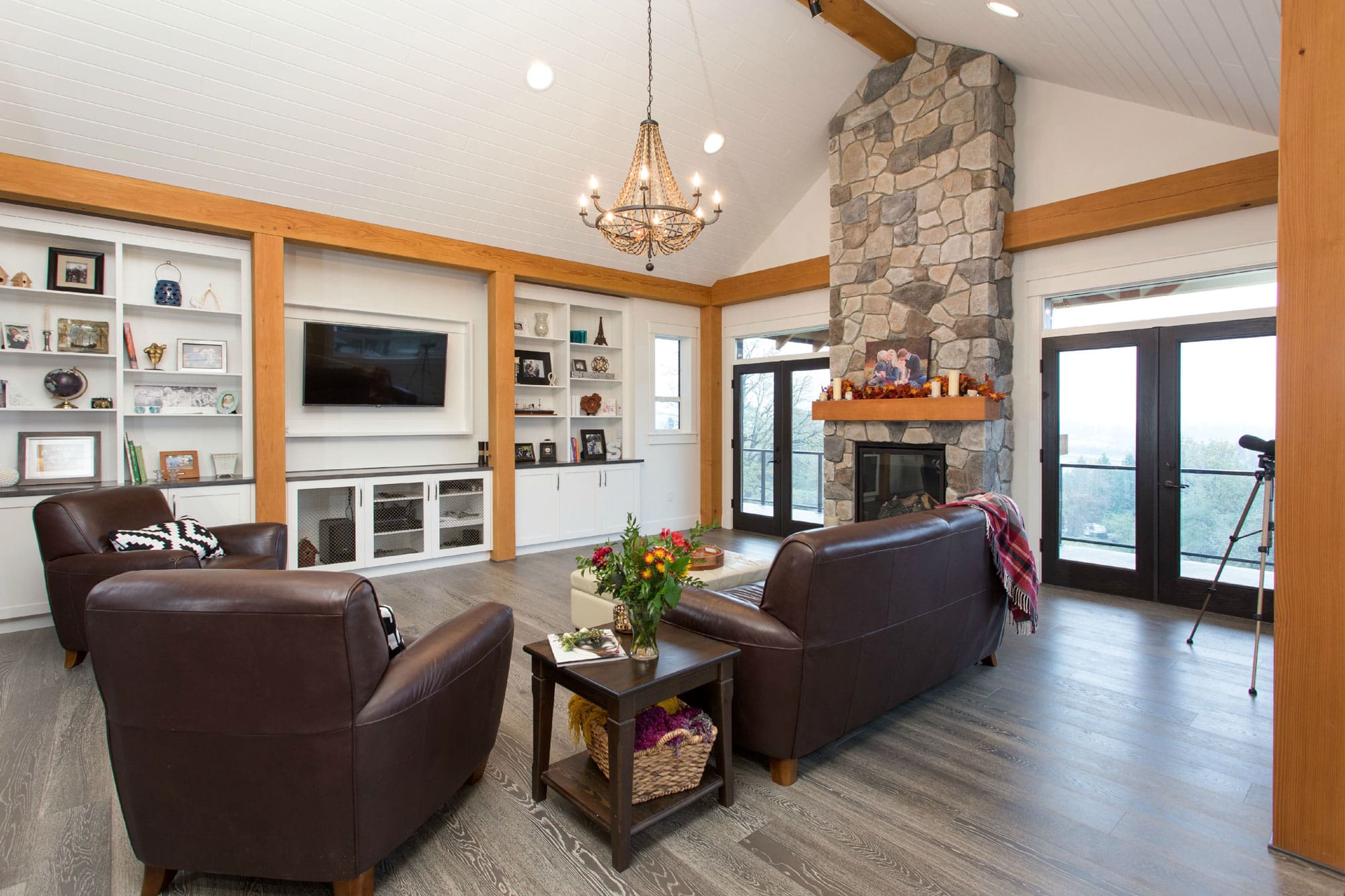 Living area view of BC Built Timber Frame Log Home.