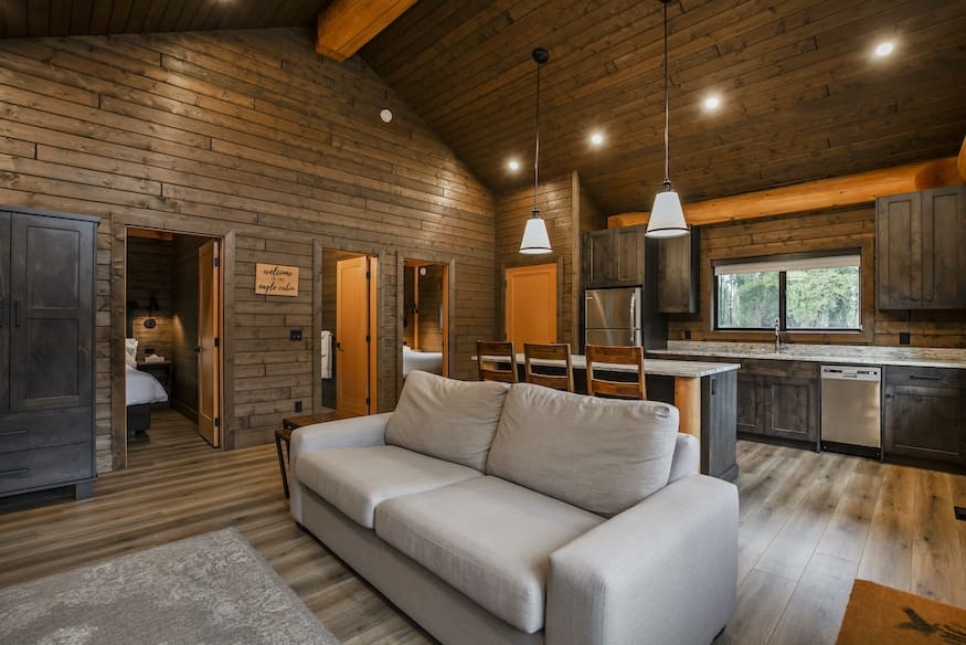 Interior of custom built log cabin kit.