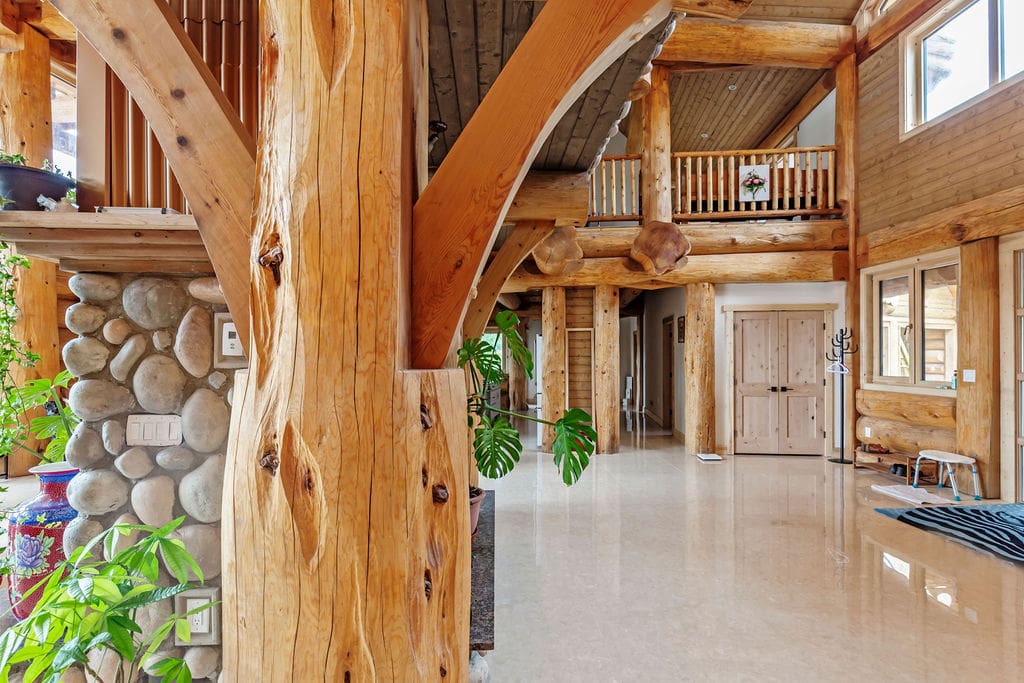 Interior post and beam custom-built log home in Richmond, British Columbia.