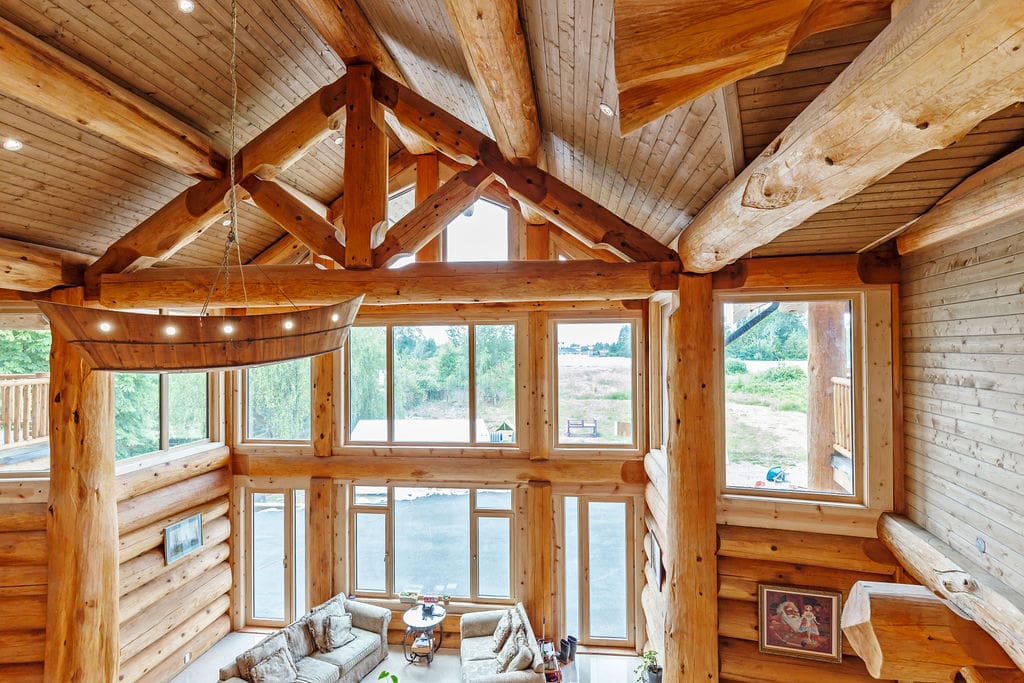 Post and beam custom built log home by BC Log Home Builders.