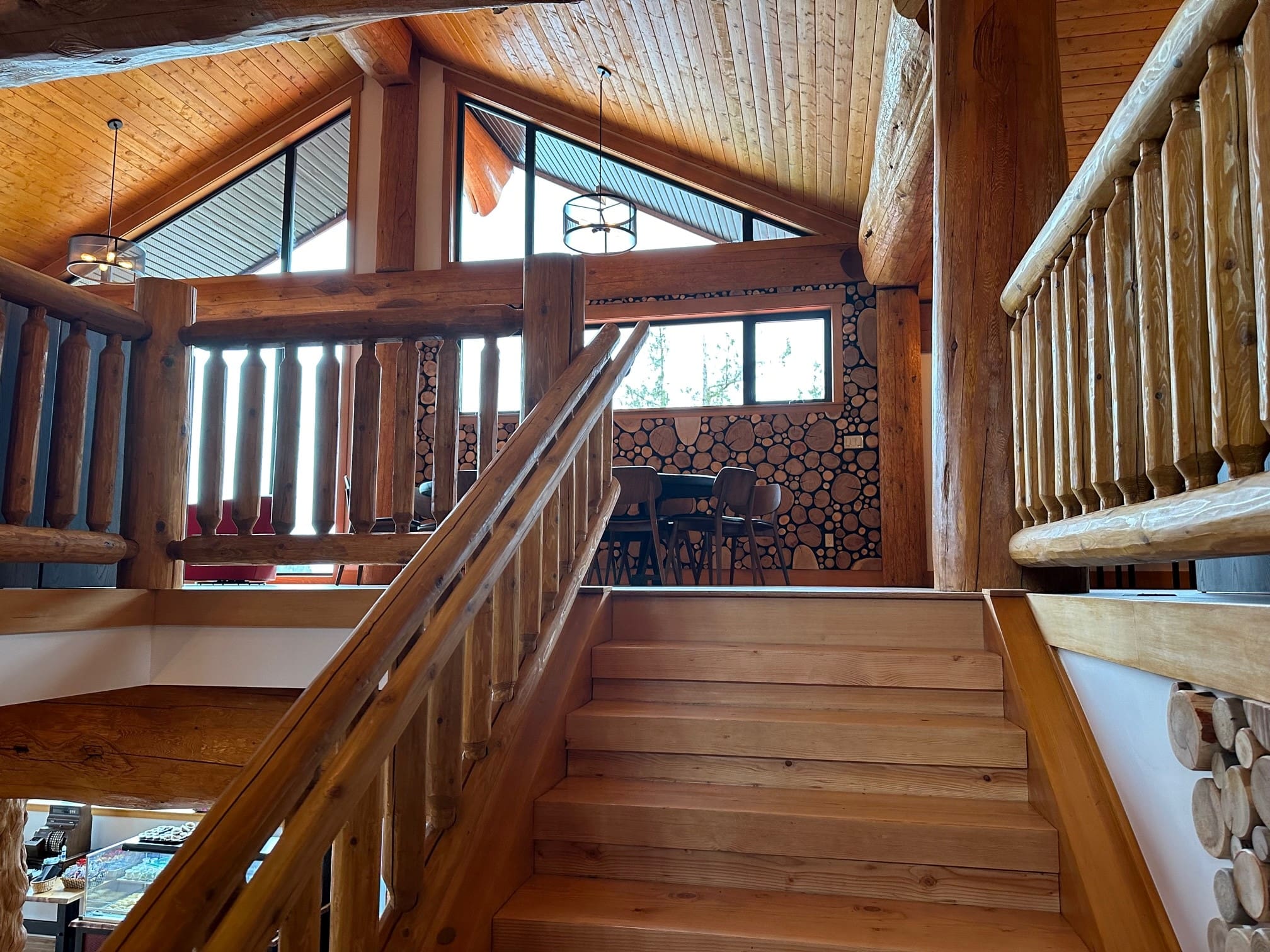 custom built stair in Post and Beam Log Home. Bc Home Builders.