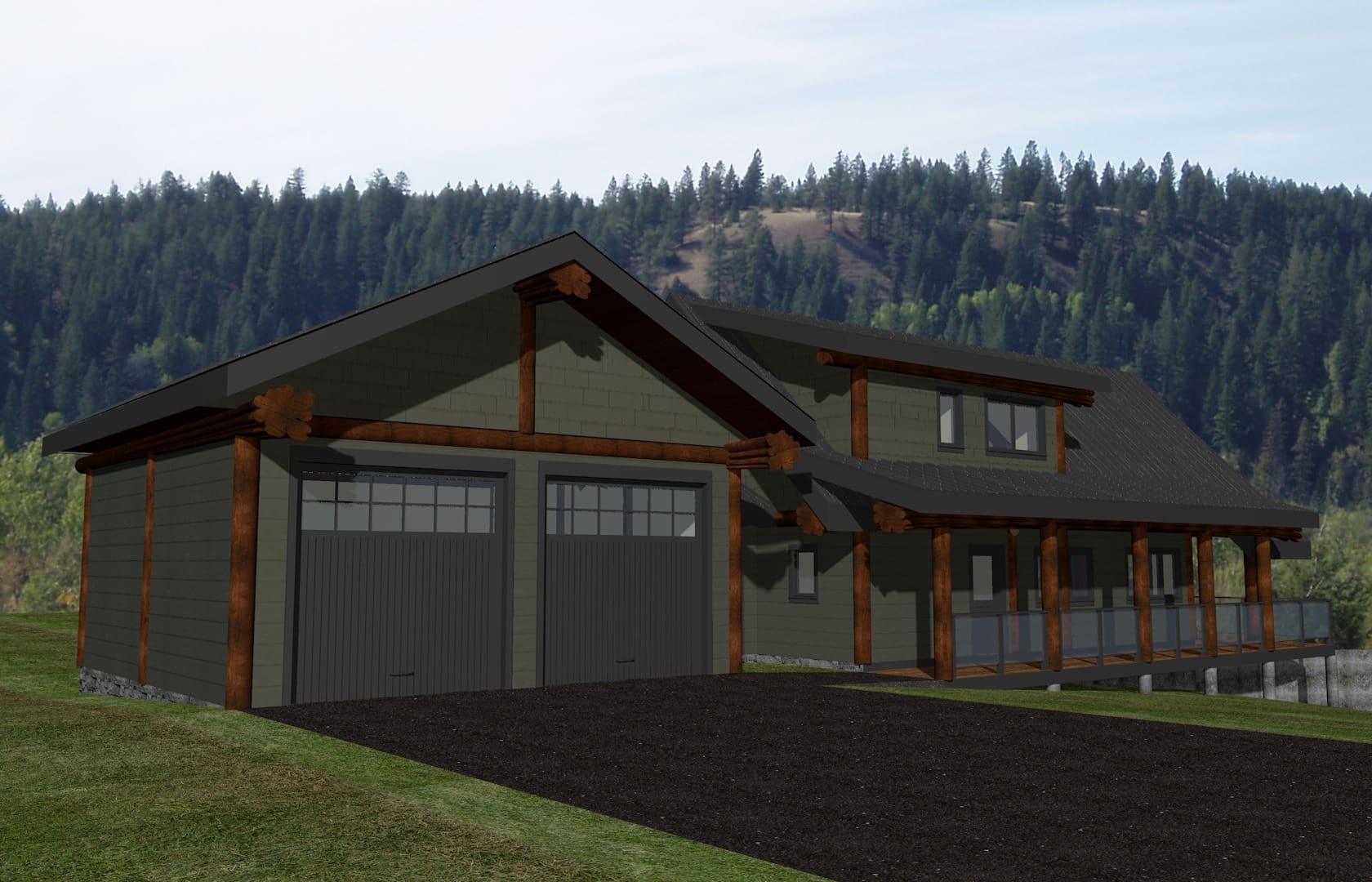 B.C Home builders custom cabin kit with attached garage.