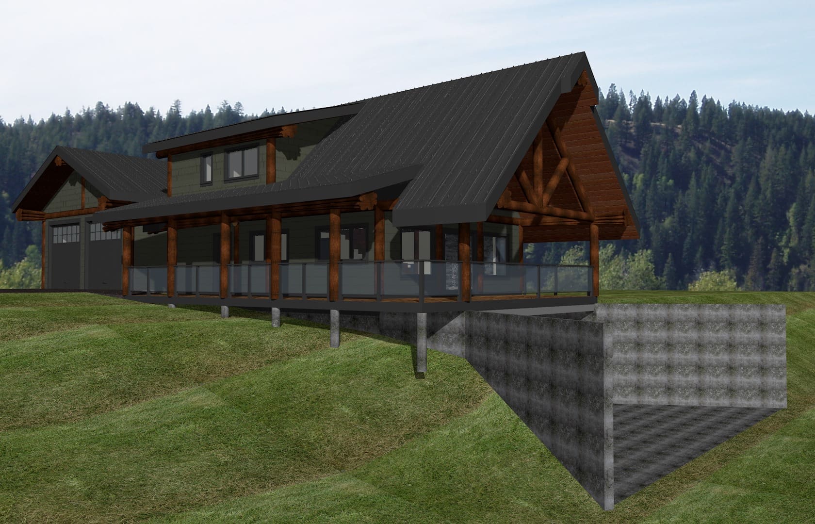 B.C Home builders custom cabin kit with covered deck.