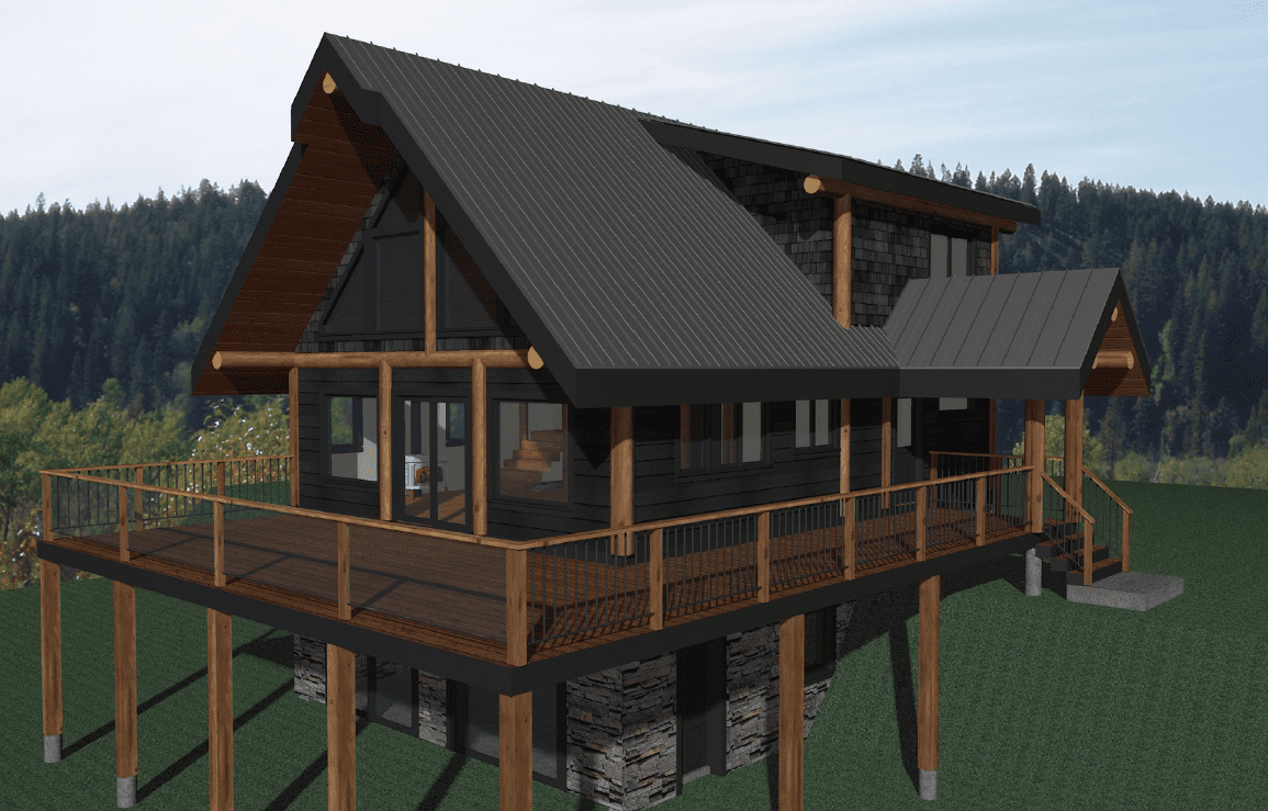 B.C Home builders custom cabin kit with covered deck.